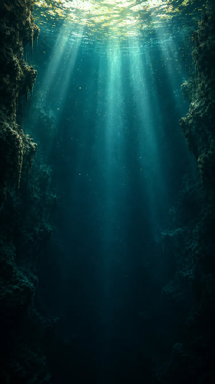 Kolom air cenote yang gelap, berkas cahaya pucat menembus dari permukaan.