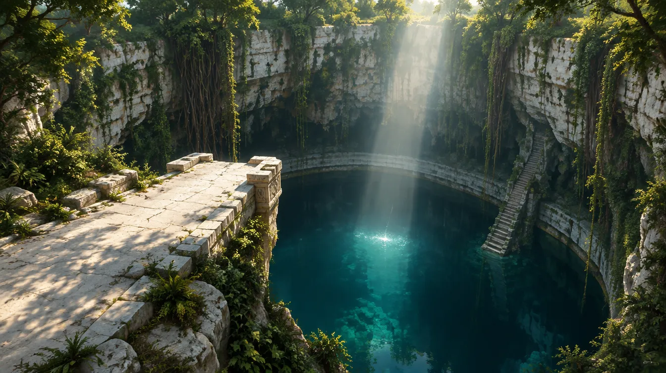 Ujung jalan putih berhenti di bibir cenote bundar. Jauh di bawah, air biru-hijau diam dengan cincin pucat bekas air yang surut.