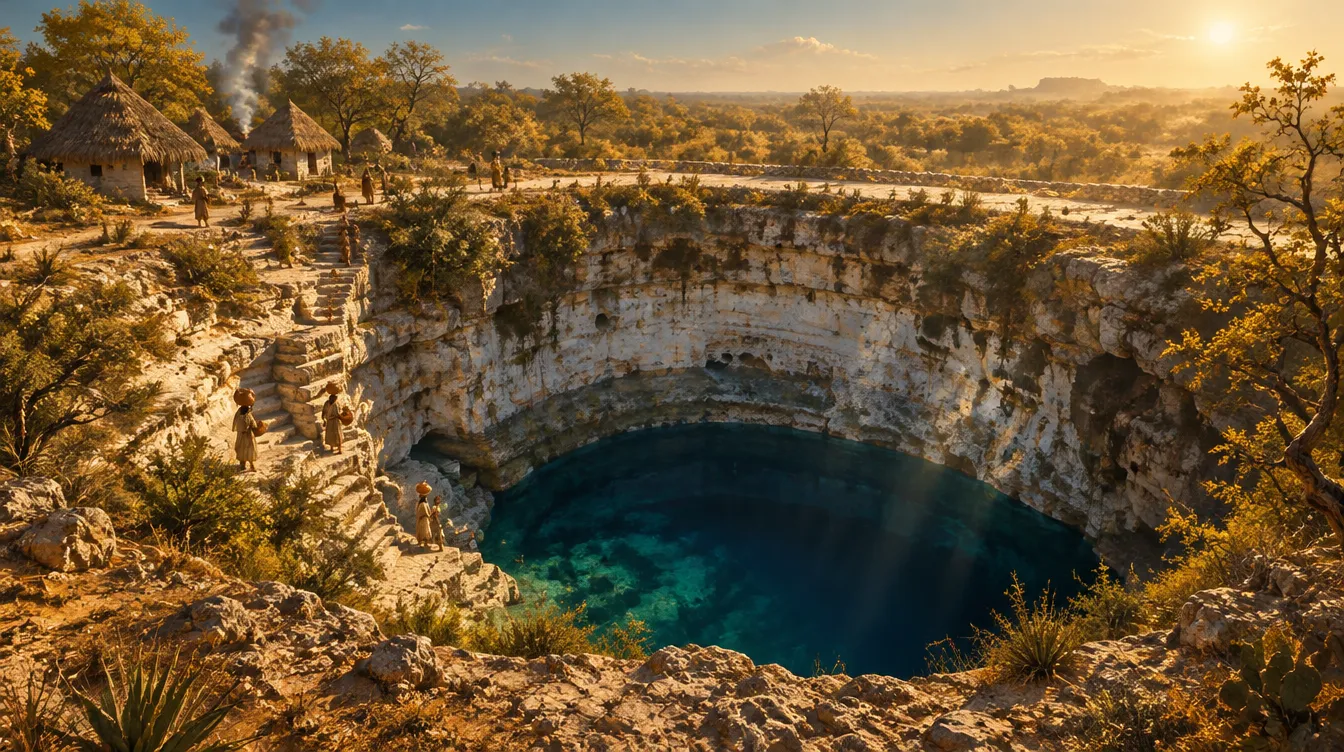 Cenote desa saat kemarau: air jauh di bawah cincin batu yang memutih, warga membawa kendi menuruni anak tangga yang baru muncul.